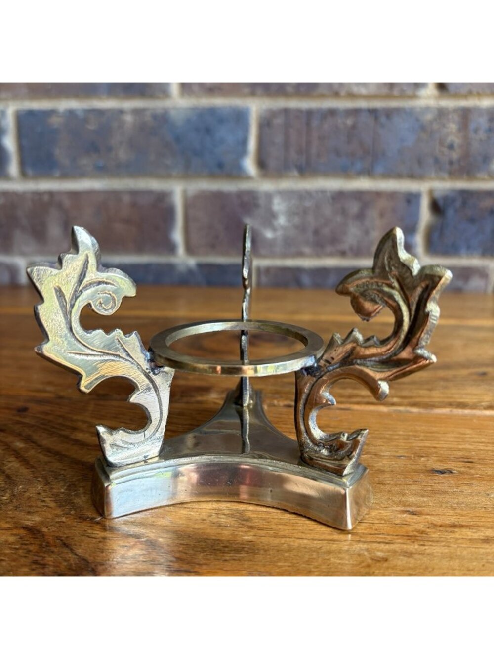 Vintage 1990s Solid Brass Display Stand For Orb Bowl Candle Tripod Leaf Design